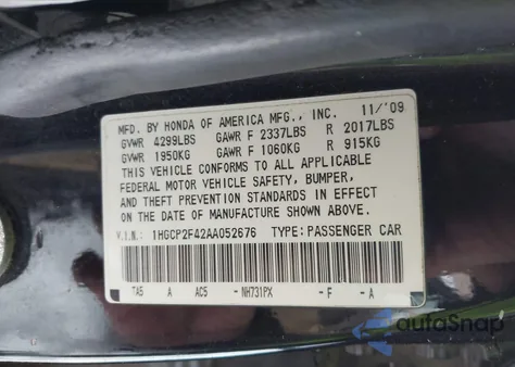 2010 Honda Accord 2.4 Lx-P z USA, uszkodzony, nr VIN 1HGCP2F42AA052676